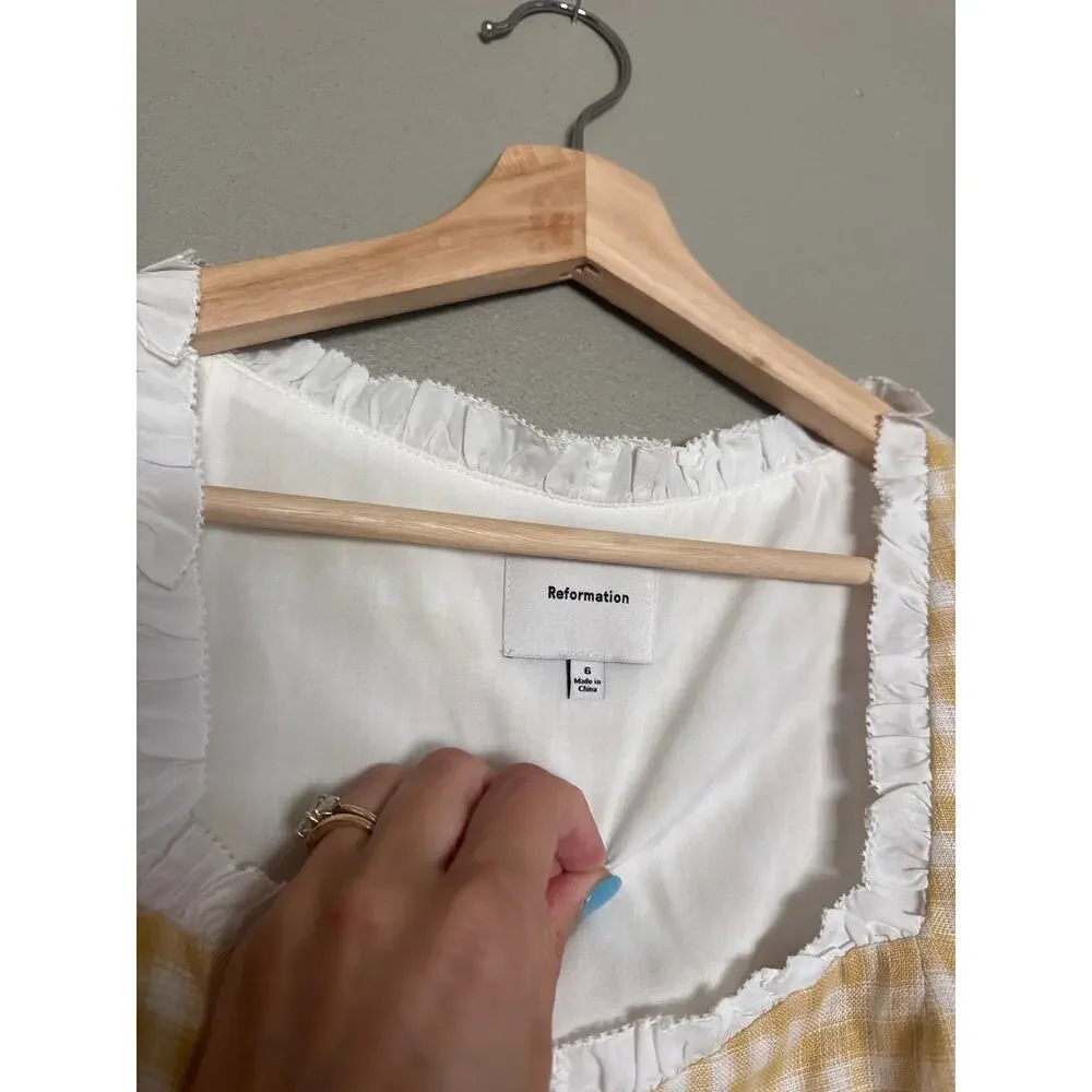 REFORMATION Rosemary Linen Top in Sunshine Check Size 6